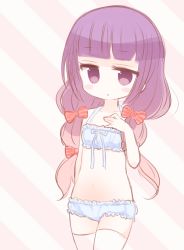 Rule 34 | 1girl, bad id, bad pixiv id, blue panties, blush stickers, bow, cinderella bust, hair bow, mashiro miru, navel, panties, patchouli knowledge, purple eyes, purple hair, solo, striped, striped background, thighhighs, touhou, underwear, underwear only, white thighhighs