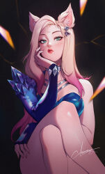 Rule 34 | 1girl, ahri (league of legends), animal ears, artist name, asymmetrical clothes, bare shoulders, blonde hair, breasts, choker, citemer, cleavage, closed mouth, commentary, crossed legs, crystal, facial mark, fingernails, fox ears, fox girl, green eyes, hair ornament, hairclip, hand on own cheek, hand on own face, highres, k/da (league of legends), k/da all out ahri, league of legends, long hair, looking at viewer, makeup, medium breasts, multicolored hair, shiny skin, single bare shoulder, sitting, solo, symbol-only commentary, the baddest ahri, whisker markings
