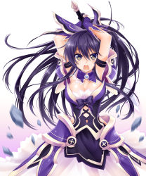 Rule 34 | 10s, 1girl, angry, armor, armored dress, arms up, bow, breasts, cleavage, date a live, dress, gloves, grey eyes, large breasts, long hair, looking at viewer, multicolored clothes, multicolored dress, okitakung, open mouth, overskirt, purple dress, purple hair, solo, sword, very long hair, weapon, white dress, yatogami tooka