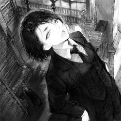 Rule 34 | 1boy, 1girl, androgynous, arm rest, bob cut, book, book stack, bookshelf, breasts, collared shirt, counter, formal, from above, greyscale, hair between eyes, indoors, jacket, japanese clothes, kimono, leaning back, library, long sleeves, looking at another, looking at viewer, looking up, monochrome, original, railing, sakurana haru, shirt, short hair, small breasts, solo focus, suit, swept bangs, vest