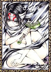 Rule 34 | 1girl, black hair, cloak, green eyes, hand up, headband, holding, holding sword, holding weapon, kingdom (series), kyoukai (kingdom), long hair, low ponytail, marker (medium), naked cloak, parted lips, ponytail, shoes, solo, squatting, sword, traditional media, weapon, white footwear, yqgkg