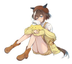Rule 34 | 1girl, animal ears, beret, blue eyes, brown footwear, brown hair, cheval grand (umamusume), collared shirt, commentary, full body, hair between eyes, hat, highres, horse ears, horse girl, horse tail, jacket, looking at viewer, multicolored hair, official alternate costume, pompompurin, sanrio, shirt, simple background, sitting, solo, streaked hair, suke omi, tail, umamusume, white background, white hair, white shirt, yellow jacket