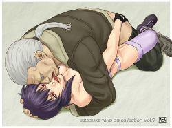 Rule 34 | 1boy, 1girl, artist name, ass, ass grab, azasuke, batou (gits), boots, breasts, cleavage, clothed sex, cyborg, fingerless gloves, ghost in the shell, gloves, grey hair, groping, hand on head, hetero, highres, hug, kiss, kusanagi motoko, lying, missionary, ocular implant, on back, ponytail, purple hair, red eyes, sex, short hair, text focus, thighhighs, tongue, vaginal