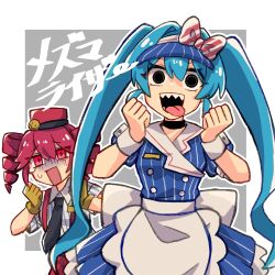 Rule 34 | 2girls, apron, black choker, black eyes, blue dress, bow, choker, clenched hands, dress, drill hair, gloves, hair bow, hands up, hashtag-only commentary, hatsune miku, highres, kasane teto, mesmerizer (vocaloid), multiple girls, open mouth, pink eyes, pink hair, pinstripe dress, pinstripe hat, pinstripe pattern, puffy short sleeves, puffy sleeves, sabatha0424, scared, sharp teeth, short sleeves, smile, striped bow, sweat, teeth, twin drills, upper body, utau, visor cap, vocaloid, white apron, wrist cuffs, yellow gloves