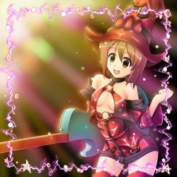 Rule 34 | 1girl, arc system works, boots, breasts, brown eyes, brown hair, cosplay, female focus, guilty gear, guitar, hat, hirasawa yui, i-no, i-no (cosplay), instrument, k-on!, red hat, short hair, simasu, solo, thigh boots, thighhighs, witch hat
