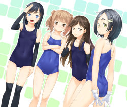 Rule 34 | 10s, 4girls, alternate costume, arashio (kancolle), arm warmers, arms behind back, asashio (kancolle), black hair, blue eyes, blush, brown eyes, brown hair, competition school swimsuit, covered navel, crossed arms, double bun, eyebrows, from behind, gloves, hair bun, hair ornament, hairclip, hand on another&#039;s shoulder, heibonkaeru, kantai collection, kuroshio (kancolle), long hair, looking at viewer, looking back, michishio (kancolle), multiple girls, old school swimsuit, one-piece swimsuit, open mouth, salute, school swimsuit, short hair, smile, swimsuit, thick eyebrows, twintails, white gloves