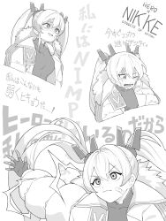 Rule 34 | 1girl, bandaid, bandaid on cheek, bandaid on face, bleeding from forehead, bodysuit, breasts, coat, fur collar, goddess of victory: nikke, greyscale, headgear, highres, laplace (nikke), long hair, machishita atake, monochrome, multiple girls, one eye closed, open mouth, shaded face, sidelocks, small breasts, solo, tearing up, twintails, two-tone gloves