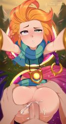 Rule 34 | anal, anus, armlet, ass grab, breasts, cum, cum in ass, freckles, hair ornament, heterochromia, highres, jewelry, league of legends, long hair, merunyaa, multicolored hair, necklace, orange hair, penis, portal (object), sex, small breasts, sparkle, uncensored, zoe (league of legends)