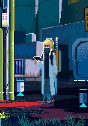 Rule 34 | 1girl, animated, animated gif, apo (rairaru20001), black footwear, blonde hair, boots, coat, green eyes, holding, holding tablet pc, lab coat, long hair, long sleeves, looking away, open clothes, open coat, original, pixel art, ripples, solo, standing, tablet pc, water