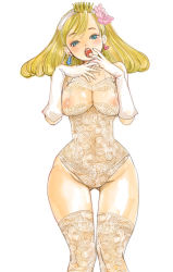 Rule 34 | 1girl, blonde hair, breasts, crown, earrings, flower, gloves, green eyes, hair flower, hair ornament, heart, heart earrings, hip focus, jewelry, kazaana, lace, large breasts, nipples, open mouth, original, short hair, simple background, solo, thigh gap, thighhighs, white background, wide hips