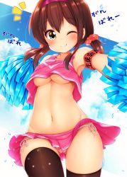 Rule 34 | 1girl, ;q, armband, bare shoulders, blue sky, blush, breasts, brown eyes, brown hair, brown thighhighs, cheerleader, closed mouth, cloud, cloudy sky, collarbone, commentary request, confetti, crop top, crop top overhang, day, floral print, gluteal fold, hair between eyes, hairband, highres, holding, long hair, looking at viewer, low twintails, medium breasts, microskirt, midriff, minato ojitan, navel, no bra, one eye closed, original, outdoors, outstretched arm, panties, pink panties, pink skirt, pleated skirt, pom pom (cheerleading), print panties, purple hairband, side-tie panties, skirt, sky, sleeveless, smile, solo, thighhighs, tongue, tongue out, translation request, twintails, underboob, underwear