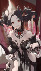 Rule 34 | 1girl, absurdres, black hair, breasts, cleavage, closed mouth, creature, earrings, hair ornament, highres, indoors, jewelry, large breasts, looking at viewer, mac star, necklace, original, red eyes, revealing clothes, ring, smirk, snake, solo