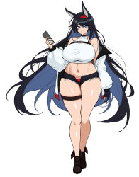 Rule 34 | 1girl, animal ears, arknights, black gloves, black hair, blaze (arknights), blue eyes, breasts, curvy, cutoffs, fingerless gloves, full body, gloves, hairband, hella p, highres, holding, holding phone, huge breasts, jacket, leg strap, long hair, looking at viewer, panties, phone, red hairband, red panties, shoes, short shorts, shorts, simple background, smile, solo, thick thighs, thigh strap, thighs, underwear, very long hair, white background, wide hips