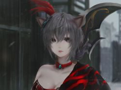 Rule 34 | 1girl, absurdres, animal ears, aoi ogata, artist name, black eyes, breasts, building, cat ears, choker, cleavage, grey hair, grey sky, hair between eyes, highres, large breasts, looking at viewer, lu lingqi, outdoors, parted lips, red choker, red lips, shin sangoku musou, shin sangoku musou 8, short hair, sky, solo, upper body