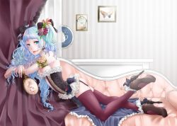 Rule 34 | 1girl, aqua eyes, blue hair, couch, curtains, earrings, food-themed hair ornament, garter straps, grape hair ornament, hair ornament, hatsune miku, high heels, highres, jewelry, lipstick, long hair, looking at viewer, makeup, mirror, ninagawa tsuki, smeared lipstick, solo, thighhighs, vocaloid
