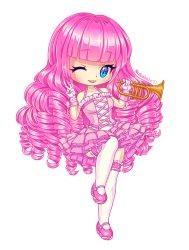 Rule 34 | 1girl, blue eyes, border, chibi, corset, dress, frills, highres, humanization, instrument, kneehighs, mary janes, miniskirt, my little pony, my little pony: friendship is magic, nukababe, one eye closed, pink dress, pink footwear, pink hair, pinkie pie, ringlets, shoes, short dress, skirt, socks, solo, transparent background, trumpet, v