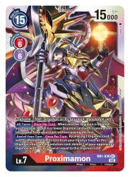 Rule 34 | 1boy, armor, centauroid, commentary, copyright name, digimon, digimon (creature), digimon card game, english commentary, english text, highres, holding, holding weapon, horns, multiple legs, official art, proximamon, red eyes, sasasi, second-party source, shoulder armor, simple background, solo focus, spikes, standing, taur, weapon, wings