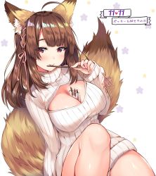 Rule 34 | 1girl, :p, ahoge, animal ear fluff, animal ears, breasts, cleavage cutout, clothing cutout, commentary request, fox ears, fox tail, highres, large breasts, looking at viewer, meme attire, open-chest sweater, original, pocket, pocky day, raised eyebrows, red eyes, ribbed sweater, simple background, solo, sweater, tail, thighs, tongue, tongue out, translation request, turtleneck, turtleneck sweater, usagihime, white background