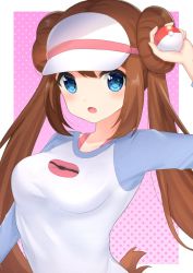 Rule 34 | 1girl, banned artist, blue eyes, blush, border, breasts, brown hair, commentary request, creatures (company), double bun, game freak, hair bun, highres, holding, holding poke ball, long hair, looking at viewer, nintendo, open mouth, pink background, poke ball, poke ball (basic), pokemon, pokemon bw2, raglan sleeves, rosa (pokemon), shirt, solo, takahara, tongue, twintails, upper body, visor cap, white border