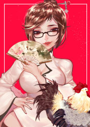 Rule 34 | 1girl, bird, black-framed eyewear, black thighhighs, breasts, brown eyes, brown hair, chicken, china dress, chinese clothes, cleavage cutout, clothing cutout, dress, eyeshadow, folding fan, framed, hair bun, hair ornament, hair stick, hand fan, hand on own hip, highres, long sleeves, looking at viewer, makeup, medium breasts, mei (overwatch), multicolored nails, nail polish, overwatch, overwatch 1, parted lips, red background, red lips, rooster, short hair, simple background, single hair bun, smile, snowflake hair ornament, solo, thighhighs, upper body, ziiiing