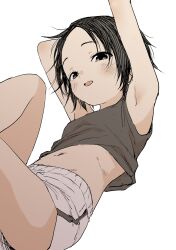 Rule 34 | 1girl, absurdres, armpits, arms up, bare arms, bare shoulders, black hair, black tank top, blush, commentary request, copyright request, feet out of frame, forehead, grey eyes, grey shorts, half-closed eyes, highres, knee up, navel, open mouth, short shorts, shorts, simple background, solo, stomach, tank top, white background, yamamoto souichirou