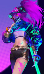 Rule 34 | 1girl, absurdres, akali, alternate hairstyle, asymmetrical clothes, bad id, bad pixiv id, bandana, bandana over mouth, baseball cap, belt, black pants, bodypaint, bracelet, breasts, colored sclera, glowstick, grey eyes, hand up, hat, heterochromia, highres, jewelry, k/da (league of legends), k/da akali, league of legends, long hair, looking at viewer, midriff, neon, official alternate costume, pants, pink eyes, pink hair, shenteita, sidelocks, single pantsleg, small breasts, solo, standing, yellow sclera