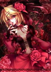 Rule 34 | 1girl, bad id, bad pixiv id, blonde hair, dress, fishnets, flower, frills, hair flower, hair ornament, hairclip, jewelry, kagamine rin, looking at viewer, red dress, red eyes, ring, rose, short hair, smile, solo, ueno tsuki, vocaloid