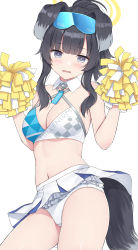 Rule 34 | 1girl, animal ears, bare shoulders, black hair, blue archive, blue eyes, blush, breasts, cheerleader, cleavage, crop top, detached collar, dog ears, dog girl, dog tail, eyewear on head, frills, goggles, goggles on head, halo, hibiki (blue archive), hibiki (cheer squad) (blue archive), highres, large breasts, long hair, looking at viewer, midriff, millennium cheerleader outfit (blue archive), mizunashi kenichi, navel, panties, pom pom (cheerleading), skirt, solo, tail, thighs, underwear, white background, white panties