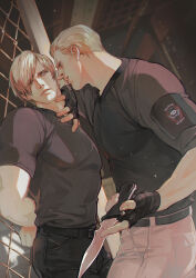 Rule 34 | 2boys, arms behind back, bara, belt, black belt, black gloves, black pants, black shirt, blonde hair, brown hair, curtained hair, fingerless gloves, gloves, grey pants, highres, holding, holding knife, holding weapon, jack krauser, knife, large pectorals, leon s. kennedy, looking at another, male focus, multiple boys, muscular, muscular male, pants, pectorals, resident evil, resident evil 4, resident evil 4 (remake), scar, scar across eye, scar on face, scar on mouth, shirt, short hair, vetania, weapon, yaoi