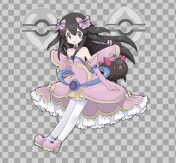 Rule 34 | 1girl, alternate costume, bare shoulders, black hair, blue choker, bow, braid, checkered background, choker, collarbone, creatures (company), dress, elbow gloves, female focus, flat chest, full body, game freak, gen 7 pokemon, gloves, grey background, grey eyes, hair between eyes, hair bow, hair ornament, happy, heal ball, high heels, jpeg artifacts, long hair, looking to the side, namako plum, nintendo, official style, open mouth, pantyhose, pink bow, pink dress, pink eyes, pink footwear, pink gloves, plum (vtuber), plum no bouken note, poke ball, poke ball symbol, pokemon, pokemon (creature), pyukumuku, shoes, simple background, smile, solo focus, standing, strapless, strapless dress, twin braids, two-tone background, virtual youtuber, white pantyhose