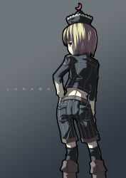 Rule 34 | 1girl, akakage red, alternate costume, blonde hair, casual, character name, contemporary, female focus, from behind, hat, looking at viewer, looking back, lunasa prismriver, midriff, red (artist), short hair, solo, touhou