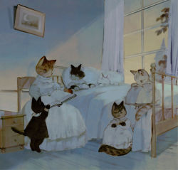Rule 34 | animal, animal focus, apron, bedroom, black cat, black shirt, blanket, blue dress, blue theme, book, cat, chair, closed eyes, clothed animal, crossed arms, drawing (object), dress, frilled shirt collar, frills, highres, holding, holding book, indoors, kitten, knees to chest, long dress, looking at another, muted color, no humans, on bed, original, pillow, reading, roomscape, shirt, sitting, sleeping, standing, tabby cat, tono (rt0no), under covers, white cat, white dress, window, wooden floor