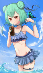 Rule 34 | 1girl, animal, animal on hand, aqua nails, armpits, bare arms, bare shoulders, bendy straw, bikini, blue bikini, blue bow, blue sky, blush, bow, bug, butterfly, butterfly on hand, closed mouth, cloud, commentary request, cup, day, double bun, drink, drinking glass, drinking straw, glint, green hair, hair bow, hands up, highres, holding, holding cup, hololive, ice, ice cube, bug, nail polish, navel, outdoors, red eyes, short hair, sky, smile, solo, standing, sunlight, swimsuit, uneg, uruha rushia, virtual youtuber, wading, water