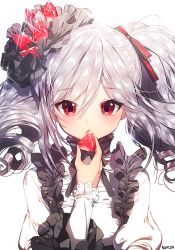 Rule 34 | 10s, 1girl, artist name, bad id, bad pixiv id, blush, drill hair, eating, food, frills, fruit, grey hair, hair ornament, hair ribbon, idolmaster, idolmaster cinderella girls, kanzaki ranko, lace, long hair, long sleeves, looking at viewer, red eyes, ribbon, simple background, solo, strawberry, sukja, twin drills, twintails, white background