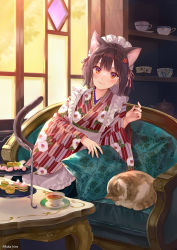Rule 34 | 1girl, animal ears, apron, blush, brown hair, cabinet, cat, cat ears, cat girl, cat tail, closed mouth, couch, flower, fukahire (ruinon), hair flower, hair ornament, highres, indoors, japanese clothes, kimono, looking at viewer, maid, maid apron, maid headdress, medium hair, original, pillow, red eyes, saucer, smile, solo, table, tail, wa maid, window