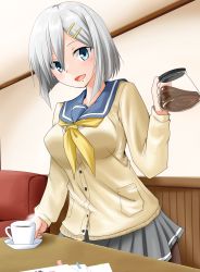 Rule 34 | 10s, 1girl, :d, absurdres, black pantyhose, blue eyes, breasts, cardigan, chair, coffee, coffee cup, coffee mug, coffee pot, couch, cup, disposable cup, eyes visible through hair, hair ornament, hair over one eye, hairclip, hamakaze (kancolle), highres, holding, indoors, kantai collection, large breasts, mug, neckerchief, office, open mouth, pantyhose, papers, pleated skirt, sailor collar, saucer, school uniform, serafuku, short hair, silver hair, skirt, smile, solo, sweater, tachi (mtd), yellow neckerchief