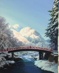 bare_tree blue_sky bridge commentary day english_commentary highres lamppost mountain nishikawa_youichi no_humans original outdoors painting_(medium) river scenery sky snow tochigi_prefecture traditional_media tree water