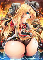 Rule 34 | 10s, 1girl, ass, bad anatomy, bad id, bad pixiv id, bismarck (kancolle), black panties, blonde hair, blue eyes, blush, breasts, goushou, hat, huge ass, kantai collection, large breasts, long hair, looking at viewer, looking back, panties, partially submerged, personification, solo, torn clothes, underwear, wading, water