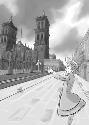 Rule 34 | 1girl, alfynith, boots, building, cathedral of puebla, church, city, cloud, cloudy sky, coat, cross, day, dress, flower, greyscale, hat, highres, lamppost, latin cross, long hair, looking back, mexico, monochrome, non-web source, original, outdoors, pointing, pointing up, puebla de los angeles, road, sky, smile, solo, street