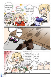 Rule 34 | 3koma, 4girls, :d, absurdres, ahoge, anger vein, angry, ass, blonde hair, blue eyes, bracelet, bruise, chinese clothes, comic, commentary, crying, crying with eyes open, english commentary, footprints, genshin impact, gradient hair, green eyes, grey hair, hair between eyes, hair ornament, hat, highres, injury, jean (genshin impact), jewelry, jiangshi, klee (genshin impact), long hair, long sleeves, low twintails, multicolored hair, multiple girls, nahida (genshin impact), ofuda, open mouth, pointy ears, qingdai guanmao, qiqi (genshin impact), red eyes, scared, sesield, side ponytail, sidelocks, simple background, sketch, smile, spanking, sweatdrop, tears, twintails, twitter username, wooden floor