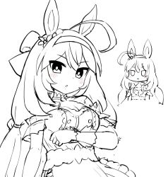 Rule 34 | 1girl, ahoge, animal ears, blush, bow, breasts, chestnut mouth, chibi, commentary request, dress, ear ornament, frilled dress, frills, gloves, hair between eyes, hair bow, hair ornament, hairband, hairclip, highres, horse ears, horse girl, long hair, looking at viewer, low twintails, medium breasts, mihono bourbon (code:glassage) (umamusume), mihono bourbon (umamusume), monochrome, multiple views, official alternate costume, official alternate hairstyle, pendant choker, puffy short sleeves, puffy sleeves, short sleeves, simoyuki, simple background, sketch, spotlight, triangle mouth, twintails, umamusume, very long hair, white background