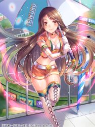 Rule 34 | 1girl, belt, boots, breasts, brown eyes, brown hair, cleavage, elbow gloves, fence, gloves, leg up, long hair, looking at viewer, medium breasts, midriff, navel, official art, orange pants, over shoulder, pants, race queen, shina shina, shorts, solo, tenka touitsu chronicle, thighhighs, umbrella, white gloves