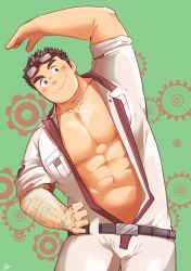 Rule 34 | 1boy, abs, bara, blush, brown hair, bulge, goggles, goggles on head, highres, kajiya kurogane, large pectorals, leaning to the side, pectoral cleavage, male focus, muscular, muscular male, navel, nipples, open clothes, overalls, pectorals, sawch cls, short hair, sideburns, sleeves rolled up, smile, solo, stomach, thick eyebrows, tokyo houkago summoners