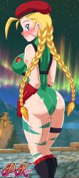 Rule 34 | 1girl, antenna hair, ass, bare shoulders, beret, blonde hair, blue eyes, blush, boots, braid, breasts, cammy white, capcom, from behind, gauntlets, grin, hat, huge ass, large breasts, leotard, long hair, looking at viewer, looking back, pk-studios, pretty kute, scar, shiny clothes, shiny skin, sideboob, smile, solo, street fighter, thick thighs, thigh strap, thighs, twin braids, very long hair