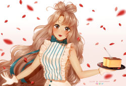Rule 34 | 1girl, artist name, bare arms, blue ribbon, blurry, blurry background, blush, breasts, brown eyes, brown hair, cake, commentary, commission, deviantart logo, double bun, english commentary, food, fork, frills, gloves, hair bun, highres, holding, holding plate, instagram logo, leaf, long hair, looking at viewer, medium breasts, original, plate, puppypaww, red lips, ribbon, shirt, simple background, smile, solo, striped clothes, striped shirt, twitter logo, upper body, very long hair, white background, white gloves