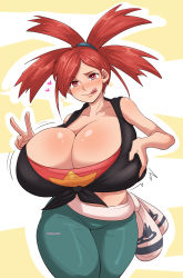 Rule 34 | !, 1girl, black gloves, grabbing another&#039;s breast, breasts, cleavage, clothes, creatures (company), female focus, fingerless gloves, flannery (pokemon), game freak, gloves, grabbing, grabbing own breast, heart, huge breasts, long hair, looking at viewer, nintendo, open mouth, pinkkoffin, pointy ears, pokemon, red eyes, red hair, solo, tongue, tongue out, v