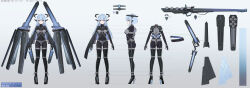 Rule 34 | 1girl, absurdres, android, ankle cuffs, arms at sides, blue hair, bodysuit, breasts, chain, character sheet, chastity belt, chastity bra, cloak, commentary request, cuffs, flat color, floating cape, from behind, from side, full body, gradient background, grey eyes, gun, halo, high heels, highres, joints, long hair, mecha musume, mechanical ears, mechanical halo, medium breasts, original, pigeon-toed, qiaogun damodao, rifle, robot joints, second-party source, standing, straight-on, translation request, vial, weapon