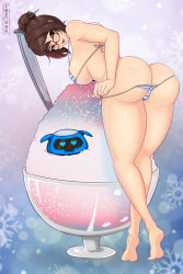 Rule 34 | 1girl, ass, bare arms, bare shoulders, barefoot, bikini, blush, breasts, brown eyes, brown hair, butt crack, feet, frenxir, from behind, full body, glasses, hair bun, hair ornament, hairpin, highres, large breasts, legs, matching hair/eyes, mei (overwatch), open mouth, overwatch, overwatch 1, single hair bun, smile, snowball (overwatch), soles, solo, standing, striped bikini, striped clothes, swimsuit, tiptoes
