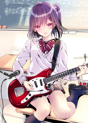 Rule 34 | 1girl, black footwear, black straps, blue socks, board eraser, bow, cable, cardigan, chalkboard, colored eyelashes, day, desk, drum, drum set, electric guitar, guitar, hair ornament, hair scrunchie, heart, highres, holding, holding instrument, indoors, instrument, kobayashi chisato, loafers, long sleeves, looking at object, microphone, microphone stand, multicolored clothes, multicolored skirt, musical note, on desk, open collar, open mouth, original, panties, pantyshot, plaid, plaid skirt, pleated skirt, purple eyes, purple hair, red bow, school desk, school uniform, scrunchie, shirt, shoes, shoulder strap, side ponytail, sitting, on desk, skirt, socks, solo, strap, striped, striped bow, sunlight, underwear, wariza, white panties, white shirt