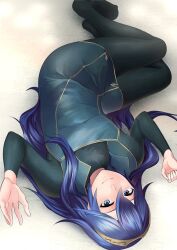 Rule 34 | 1girl, ameno (a meno0), bad id, bad twitter id, black pants, black undershirt, blue eyes, blue hair, blue tunic, breasts, dress, fire emblem, fire emblem awakening, flat chest, high collar, hip focus, long sleeves, looking at viewer, lucina (fire emblem), lying on ground, matching hair/eyes, nintendo, pants, short dress, small breasts, smile, taut clothes, tiara, tight clothes, tight dress, tunic